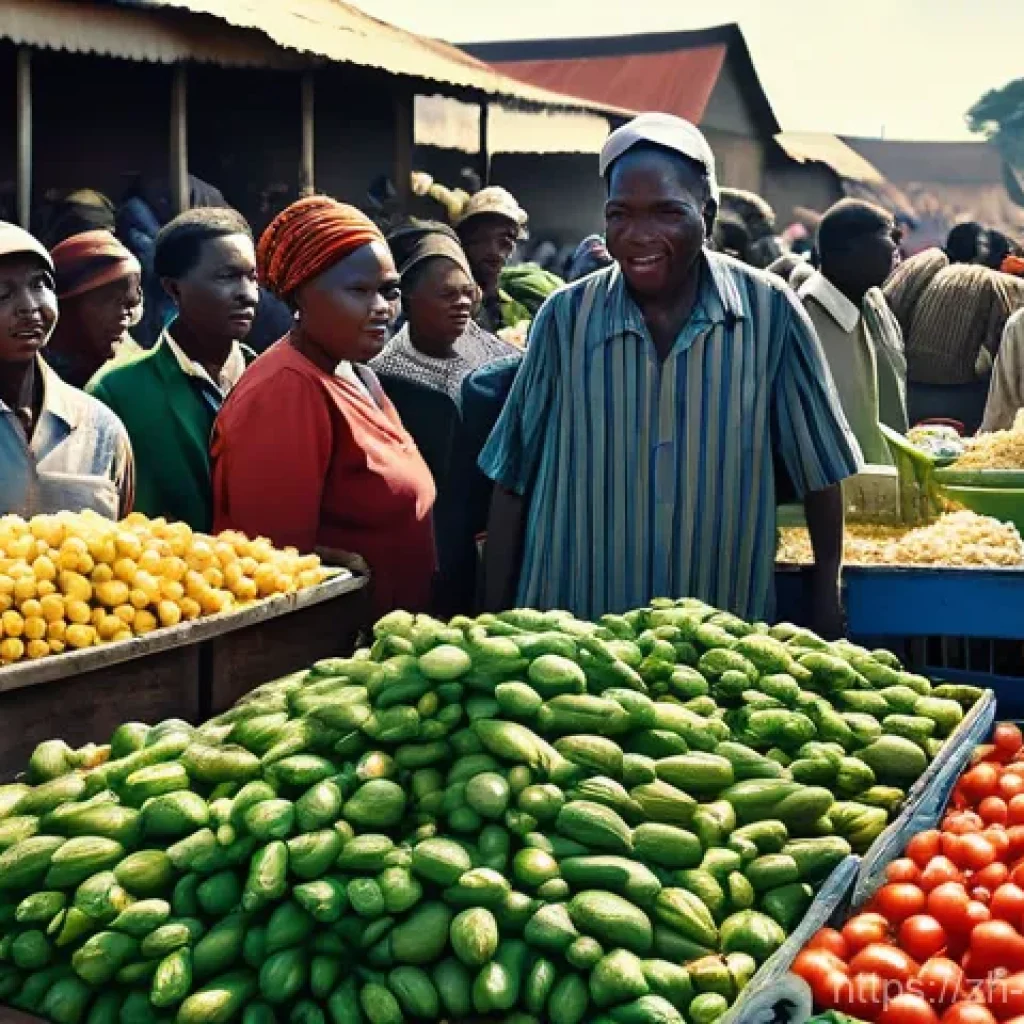 짐바브웨 달러와 미국 달러 사용법 - **A Depiction of Hyperinflation's Strain**
A bustling outdoor market in a Zimbabwean city during...