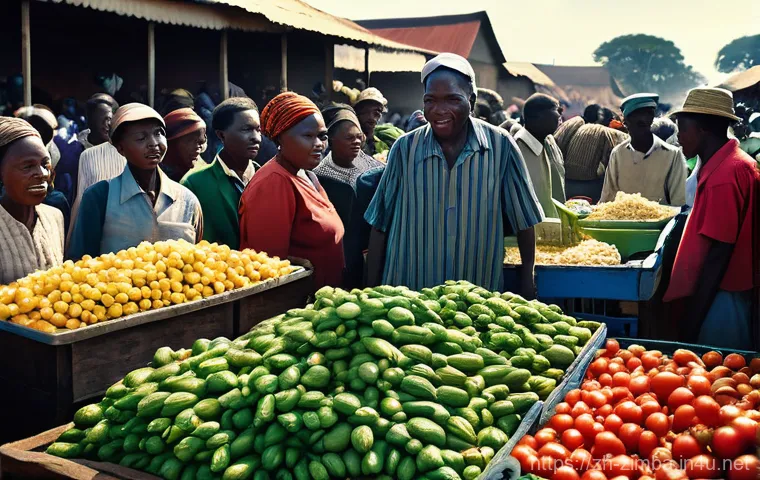 짐바브웨 달러와 미국 달러 사용법 - **A Depiction of Hyperinflation's Strain**
    A bustling outdoor market in a Zimbabwean city during...