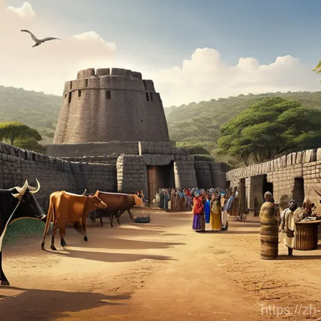 짐바브웨 영국 식민지 시대 - A panoramic, highly detailed, realistic illustration of the ancient Great Zimbabwe city at its peak ...