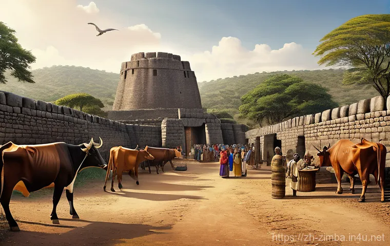 짐바브웨 영국 식민지 시대 - A panoramic, highly detailed, realistic illustration of the ancient Great Zimbabwe city at its peak ...