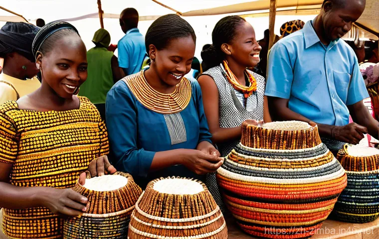 짐바브웨의 공예품 시장 탐방 - **Vibrant Zimbabwean Craft Market Treasure Hunt**
    A bustling and colorful open-air Zimbabwean cr...