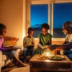 짐바브웨에서 태양광 에너지 활용 - A joyful Zimbabwean family (parents, two children, approximately 8 and 12 years old) gathered in the...