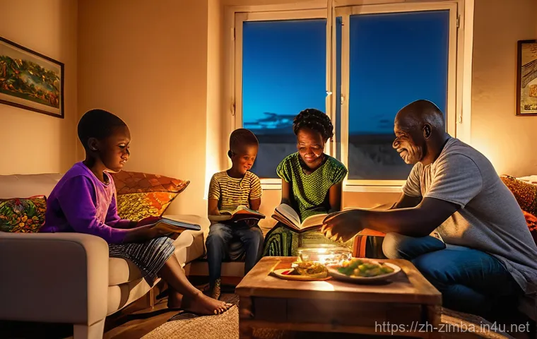 짐바브웨에서 태양광 에너지 활용 - A joyful Zimbabwean family (parents, two children, approximately 8 and 12 years old) gathered in the...